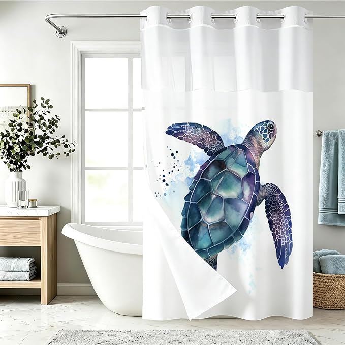 Funny Sea Turtle Shower Curtains Ocean Animal Cartoon Kids Theme No Hook Waffle Weave Shower Curtain with Snap in Liner Polyester Fabric Bathroom Decor Set 60 W x 74 H Inch Teal Purple