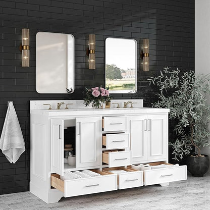 ARIEL Stafford 60-inch Bathroom Vanity with Sink,Solid Wood, 1.5-inch Carrara White Quartz Countertop, Double Rectangular Porcelain Sink, 4 Soft Closing Doors, 6 Dovetail Drawers, White
