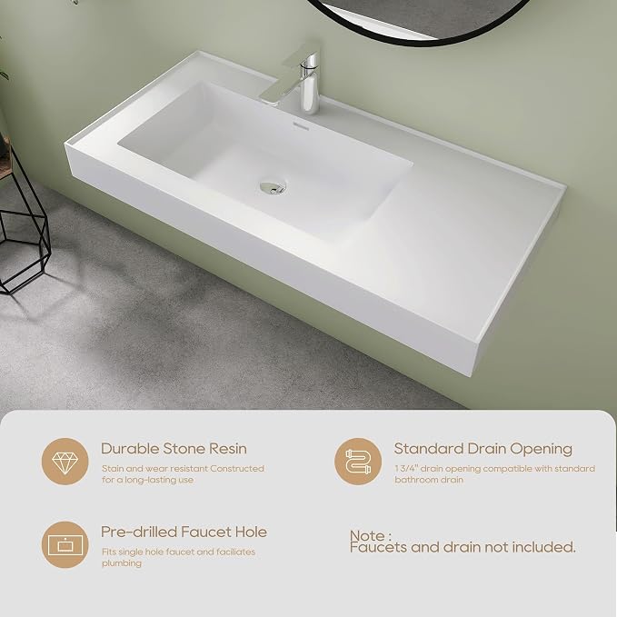 SJ Star&Jane 42" x 18" in Solid Surface Bathroom Sink, Wall-Mount Vessel Sink, Rectangle Floating Vanity Sink in Matte White, Durable Modern Design