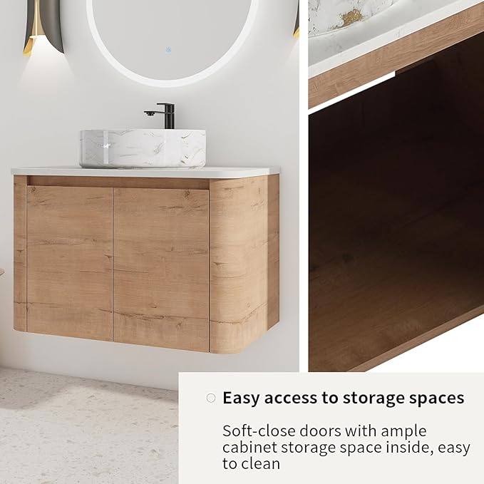 LKTART 30 Inch Floating Bathroom Vanity with Sink, Modern Wall Mounted Bathroom with Soft Close Door, White Stone Round Ceramic Basin and Sintered Stone Top