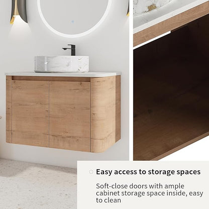 LKTART 30 Inch Floating Bathroom Vanity with Sink, Modern Wall Mounted Bathroom with Soft Close Door, White Stone Round Ceramic Basin and Sintered Stone Top