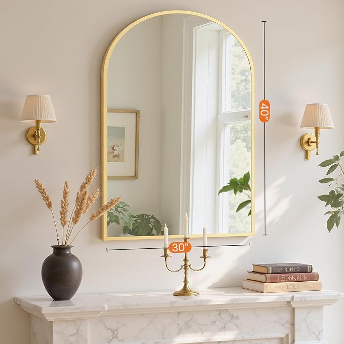 Sweetcrispy 30x40 Bathroom Mirrors for Wall, Arched Mirror for Over Sink | Metal Framed HD Shatter-Proof Glass, Decor Wall Mirror for Entryway, Living Room, Bedroom, Gold