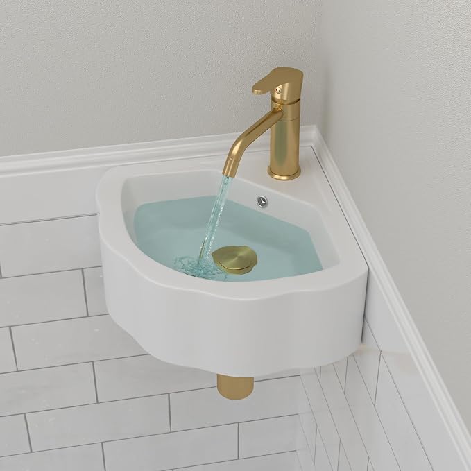 Corner Wall Mount Bathroom Sink | Beslend 17"x15" Inch White Ceramic Vessel Sink, Flower Shaped Bowl White Art Basin with Single Hole Small Space-Saving Sinks