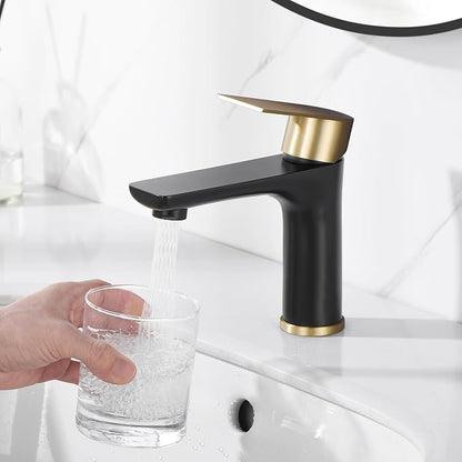SUMERAIN Modern 304 Stainless Steel Bathroom Faucet Lead-Free Vanity Sink Faucet Black&Gold Single Handle Washbasin Faucet | Lead-Free, Single Handle, Unique Flow Pattern, Water-saving, Easy DIY Install