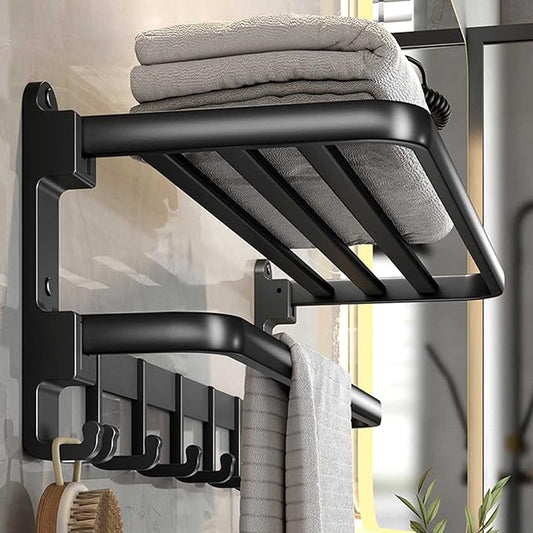(1 Pack) Yariwiz Matte Black Towel Rack Wall Mounted No Drill and Screw Mounting, Bathroom Bath Shower Length 24 inch Double Towel Rod with Shelf Hotel Towel Rack B0503-MB