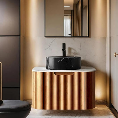 24" Modern Bathroom Vanity with Sink, Floating Storage Cabinet with Ultra-Thin Stone Pattern Ceramic Basin and Marble Top, Extra Large Storage Drawer, Soft-Close Design, Nature Wood