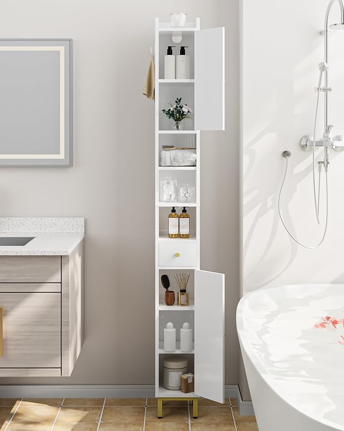 Bathroom Cabinet with Adjustable Shelves, Freestanding Floor Cabinet, Tall Bathroom Storage Cabinet with Doors & Drawer, Narrow Toilet Paper Storage Cabinet, White BC28013X