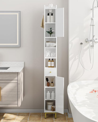 Bathroom Cabinet with Adjustable Shelves, Freestanding Floor Cabinet, Tall Bathroom Storage Cabinet with Doors & Drawer, Narrow Toilet Paper Storage Cabinet, White BC28013X