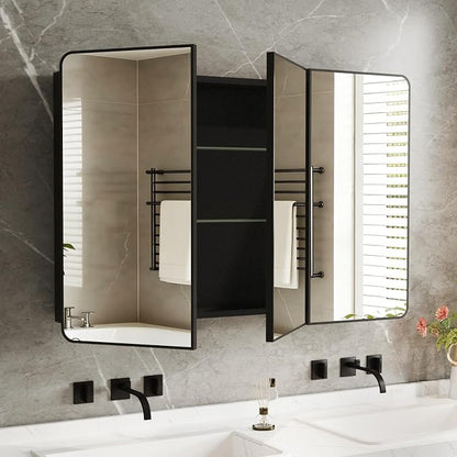Medicine Cabinet Mirror 48x32 Inch, Triple-Door Bathroom Mirror Cabinet with Glass Adjustable Shelves, 3-Compartment Bathroom Mirror with Storage Recessed or Wall Mount