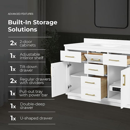 OVE Decors Bailey 48 in. Single Sink Freestanding White Bathroom Vanity with White Quartz Top, Matching Backsplash, Power Bar and Brushed Gold Hardware