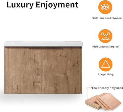 24 Inch Bathroom Vanity with Sink, Modern Wall Mount Floating Bathroom Vanity Set, Brown Vanity, Ceramic Sink and Soft Close Door