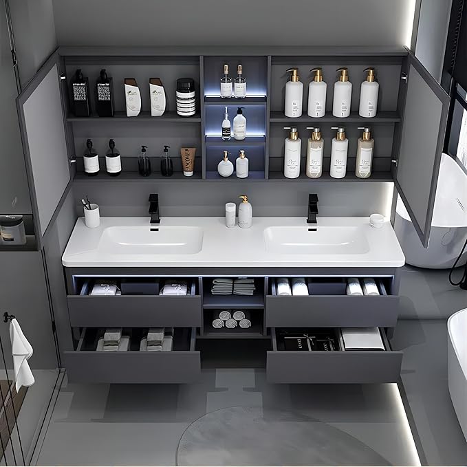 55IN Double Sink Vanity, 4 Drawers, Two LED Smart Touch Mirror Cabinets, Open Center Compartment, Body Sensor Lights, Wall Mounted Storage Vanity (59IN)