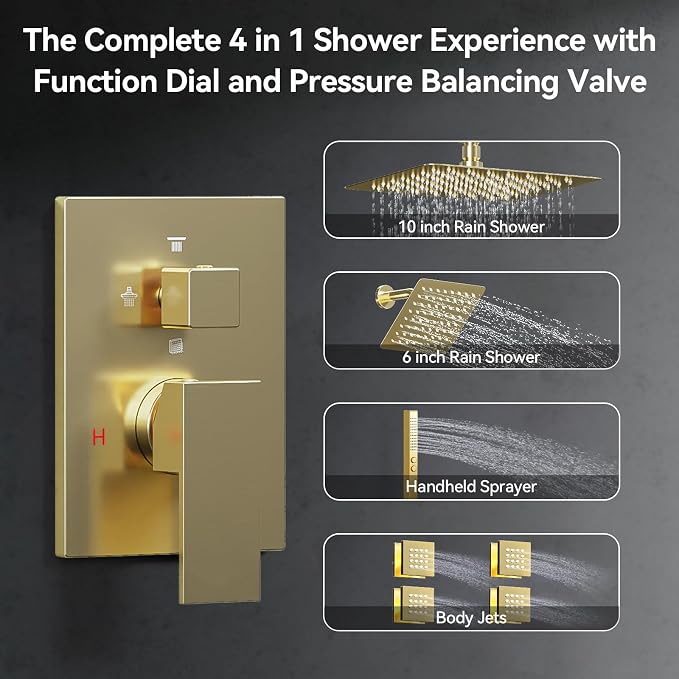 Shower System with Body Jets, Bostingner 4 Way Shower Faucet with 2 in1 Handheld,Ceiling Mount 10 Inch Shower Head and 6 Inch Shower Head,4Pcs Body Jets With Dual Head Shower Set Brushed Gold