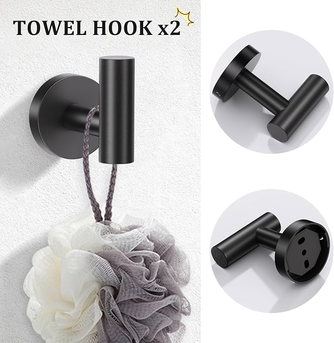 TURS Black 4-Pieces Towel Ring Set Include Towel Ring Double Base Toilet Paper Holder Towel Hook SUS304 Stainless Steel Bathroom Accessories Kit Wall Mounted