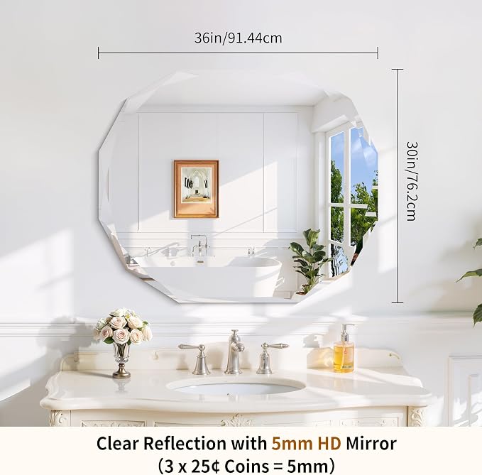 GLASHOM Frameless Bathroom Mirror, 30x36 inch Vanity Mirror Beveled Edge Wall Mounted, Modern Frameless Mirror for Bathroom, Living Room, Entryway Mirror Horizontal or Vertical