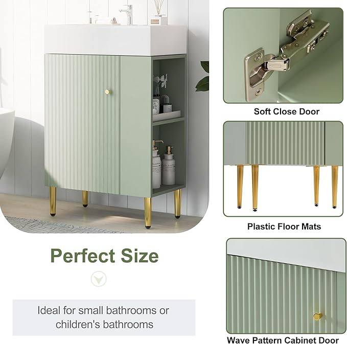 Merax Bathroom Vanity with Ceramic Sink, 21.6" Freestanding Bathroom Cabinet Vanity with Storage, Single Sink Small Vanity, Green