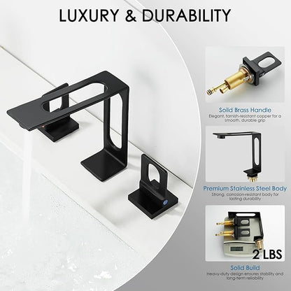 BAKALA Black Bathroom Faucet 3 Hole, 8-Inch Widespread Bathroom Sink Faucet, 2-Handle Matte Black Faucet Bathroom with Water Supply Hoses, Modern Hollowed Design