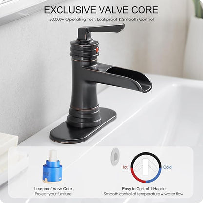 Brass Oil Rubbed Bronze Bathroom Faucet Waterfall Bathroom Sink Faucet 1 Hole or 4 Inch 3 Hole, Single Handle with Deck Plate, Pop-up Drain, cUPC Supply Lines for Vanity, 5 Mins Quick Install