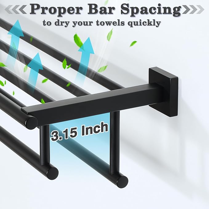 Alise Double Towel Racks for Bathroom Wall Mount 24 Inch,Matte Black | Bathroom Tower Holder Towel Shelf with Double Towel Bars,SUS304 Stainless Steel Towel Hanger for Bathroom Lavatory Kitchen