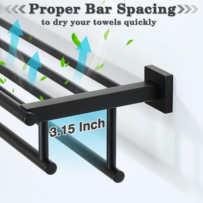 Alise Double Towel Rack for Bathroom Wall Mounted 20 Inch,Matte Black | SUS304 Stainless Steel Towel Rack with Shelf,Bathroom Tower Holder Towel Shelf with Double Towel Bars for Bath Kitchen