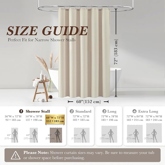 Seasonwood Beige Linen Shower Curtain Farmhouse Bathroom Decor 60x72 Inches | Boho Bathroom Decor,12 Sturdy Stainless Steel Sliding Hangers,Rustic Country Style,Linen Shower Curtains for Bathroom