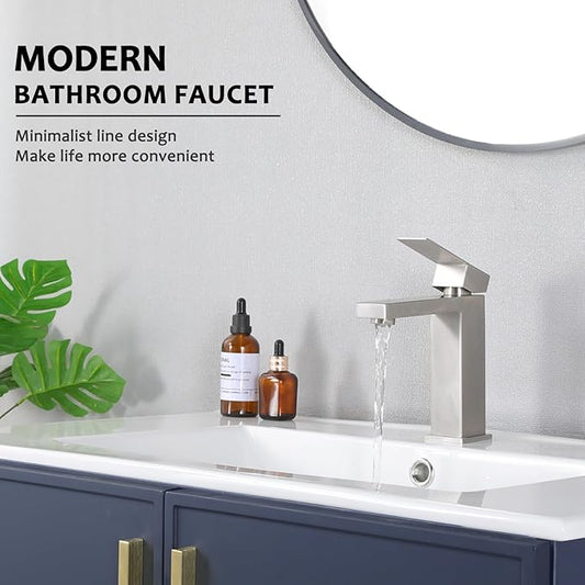 SHACO Single Hole Brushed Nickel Bathroom Faucet, Single Handle Vanity Sink Faucet with Pop Up Drain and Supply Line, SC-YZLT002