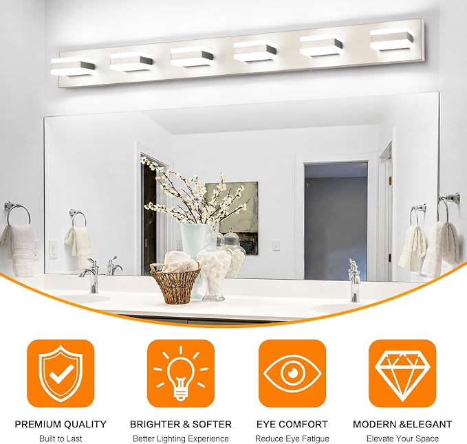 SOLFART LED Modern Bathroom Vanity Lights Over Mirror Fixture Brushed Nickel Vanity Light 6 Light LED Nickel Wall Light ETL Listed
