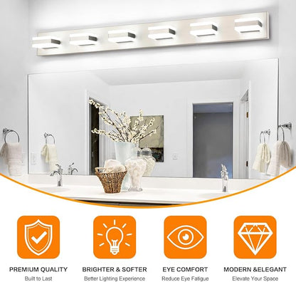 SOLFART LED Modern Bathroom Vanity Lights Over Mirror Fixture Brushed Nickel Vanity Light 6 Light LED Nickel Wall Light ETL Listed