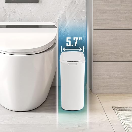 Cesun Automatic Small Bathroom Trash Can with Lid, 2.6 Gallon, White | Motion Sensor, Plastic, Touchless, Odor Control, Smart Garbage Can, Battery Operated, Manual Button, for Office/RV/Bedroom