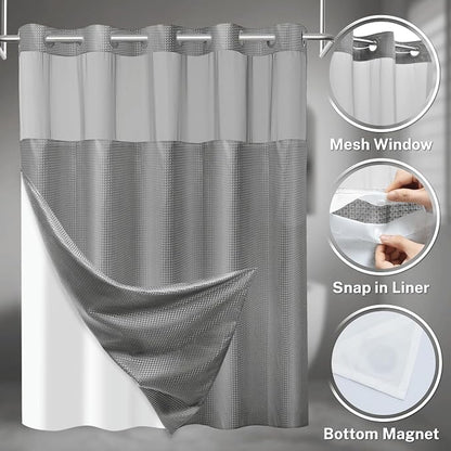 SORTTO No Hook Shower Curtain with Snap in Liner Set Waffle Shower Curtain for Bathroom Hotel Style Fabric Waterproof Inner Liner，54" W x 74" H, Grey