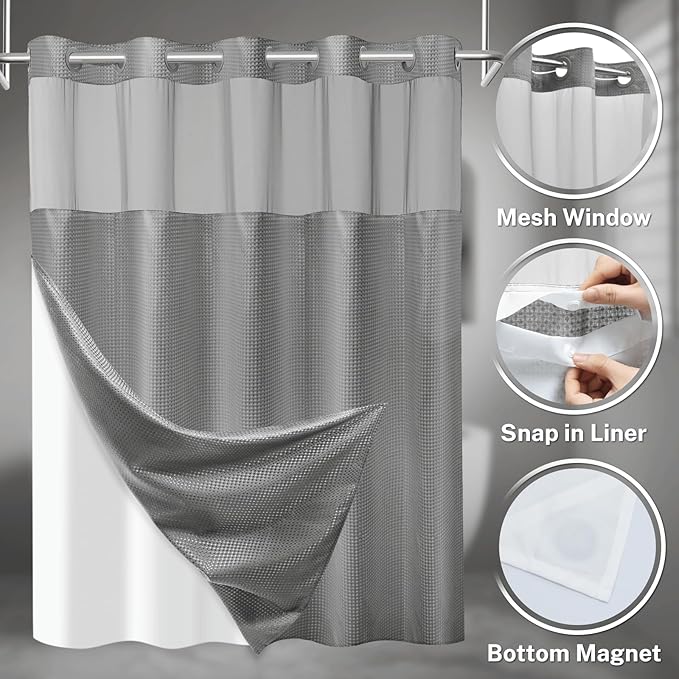 SORTTO No Hook Shower Curtain with Snap in Liner Set Waffle Shower Curtain for Bathroom Hotel Style Fabric Waterproof Inner Liner，36" W x 74" H, Grey