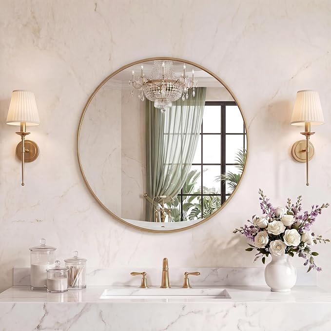 Sweetcrispy 24 Inch Round Wall Mirror, Bathroom Mirrors for Over Sink | Matte Metal Framed, Wall Decor for Bedroom, Entryway, Anti-Rust, Tempered Glass, Hanging or Leaning, Gold