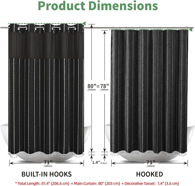 eachope Long No Hook Shower Curtain with Snap-in Fabric Liner,71x80,Black | 330GSM Thick Linen Textured Striped,Boho Farmhouse Rustic Luxury Bathroom Curtain with Tassels,Mesh Window,Water-Repellent