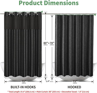 eachope Long No Hook Shower Curtain with Snap-in Fabric Liner,71x80,Black | 330GSM Thick Linen Textured Striped,Boho Farmhouse Rustic Luxury Bathroom Curtain with Tassels,Mesh Window,Water-Repellent