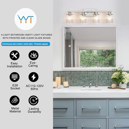 YYT Brushed Nicekl Bathroom Light Fixtures 4 Light Bathroom Vanity Light Brushed Nicekl Vanity Lights for Bathroom with Clear Glass Shade