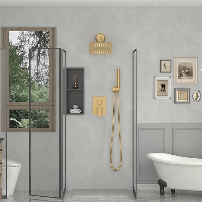 8 In Rain Shower Head High Pressure Rainfall Shower Head Brushed Gold | Square Rain Bathroom Showerhead, High Flow, Large Stainless Steel, Ceiling Mounted, Wall Mounted, Waterfall Full Body
