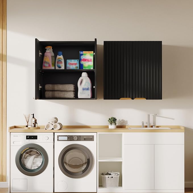 ChooChoo Bathroom Wall Cabinet, Laundry Room Cabinet with 2 Fluted Doors | Kitchen Storage Cupboard Cabinet with Adjustable Shelf, Fluted Wall-Mounted Medicine Cabinet for Kitchen, Garage, Black