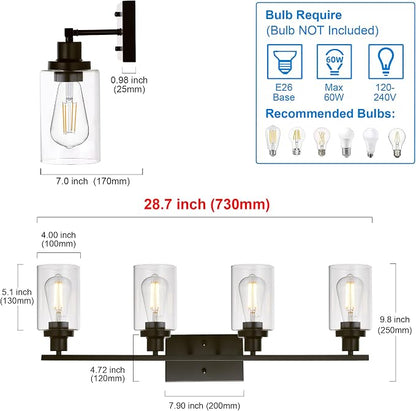 MELUCEE 4 Lights Wall Sconce Lighting Oil Rubbed Bronze with Clear Glass | Bathroom Vanity Light Fixtures Wall Lights Bedroom Porch Kitchen Living Room (Patent No.: US D963914 S)