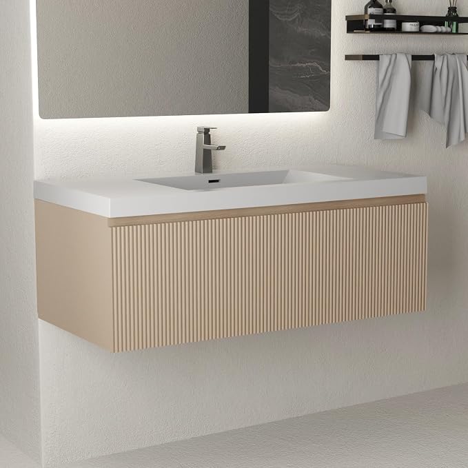 36 Inch Floating Bathroom Vanity with Sink, Wall-Mounted Striped Storage Cabinet with Soft-Close Drawer, Glossy White Solid Surface Basin, Fully Assembled, Natural Oak Finish