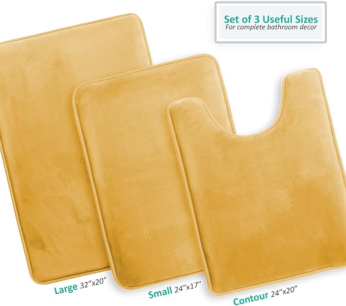 Clara Clark Bathroom Rug Set, 3 Piece Velvet Memory Foam Bath Mats with Non-Slip PVC Backing, Gold