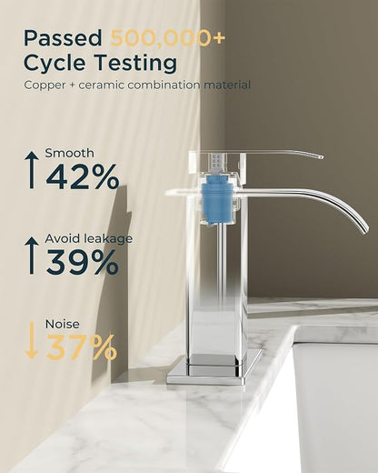 FORIOUS Bathroom Faucet 1 Hole, Waterfall Vanity Sink Faucet Chrome | Bathroom Sink Faucet 1 or 3 Hole, Square Single Handle with 24" cUPC Supply Line and Pop-up Drain, Fits RV Restroom Basin