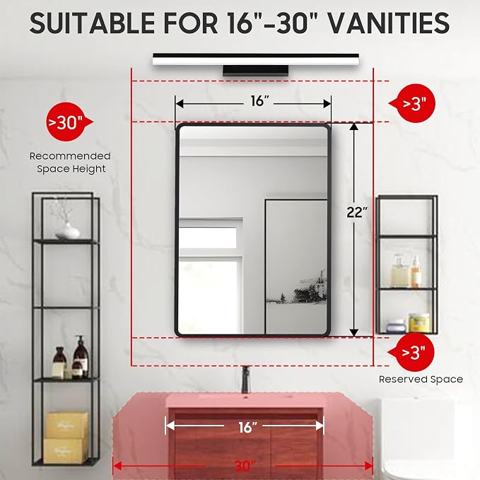 16x22 Medicine Cabinet with Mirror, Black Metal, Recessed or Surface Mount | 2 adjustable metal shelves, soft-close hinge, reversible installation, 95% assembled, cutout 13.82"W x 17.52"H x 3.66"D