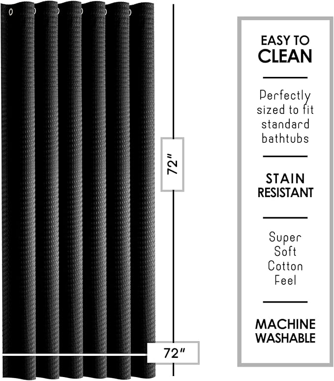 Clara Clark Black Shower Curtain - Hotel Quality Waffle Fabric Bath Curtain 72x72, Heavy Duty Waterproof Shower Curtains for Bathroom