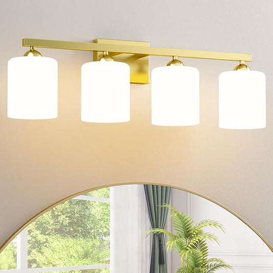 Quntis Gold Bathroom Light Fixtures 5 Colors Adjustable, 4-Light LED Bathroom Vanity Lighting with Milky White Frosted Glass Shade, Energy-Saving Light Over Mirror 28.3 inch