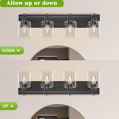 4-Light 30inch Black Vanity Light, Thickened Seeded Glass Shade | Over Mirror for Bathroom, Rust Resistant, E26 Base, Easy Install, Removable Glass Shade Horizontal Mount, Dimmable