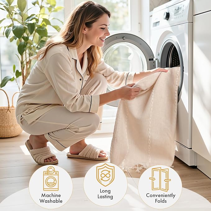 Bathway Farmhouse Shower Curtain Boho with Tassels, Linen Blend Heavy Duty Shower Curtain Set with 12 Metal Hooks, Vintage Luxury Rustic Elegant Fabric Curtain for Bathroom Window, 72x72 Inches, Beige