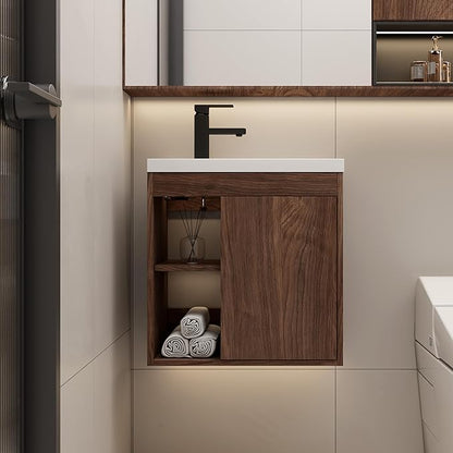 eclife 20" Floating Bathroom Vanity Sink Combo for Small Space, Wall-Mounted Guest Toilet Wash Basin Cabinet with Opening Shelf, Soft Closing Door, Walnut Veneered