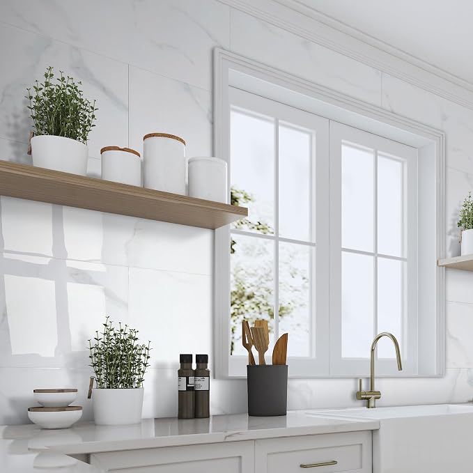 10-Sheet Subway Peel and Stick Backsplash, 12" x 24" Glossy Carrara White Acrylic Self Adhesive Waterproof Wall Stickers, Stick on Tiles for Kitchen Bathroom Shower