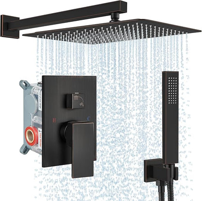 Midanya Shower Faucet Set,Wall Mount Shower System with Square Rain Shower Head and Hand Sprayer, Rough-in Valve Body and Trim Kit Included,16 Inch,Oil Rubbed Bronze