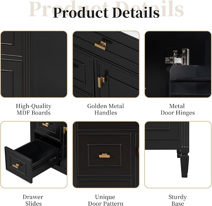 30" Bathroom Vanity with Ceramic Sink, 1 Flip Drawer & 2 Side Drawers, Modern Freestanding Storage Cabinet w/Adjustable Shelf & Golden Metal Handles, Solid Wood Frame, Black